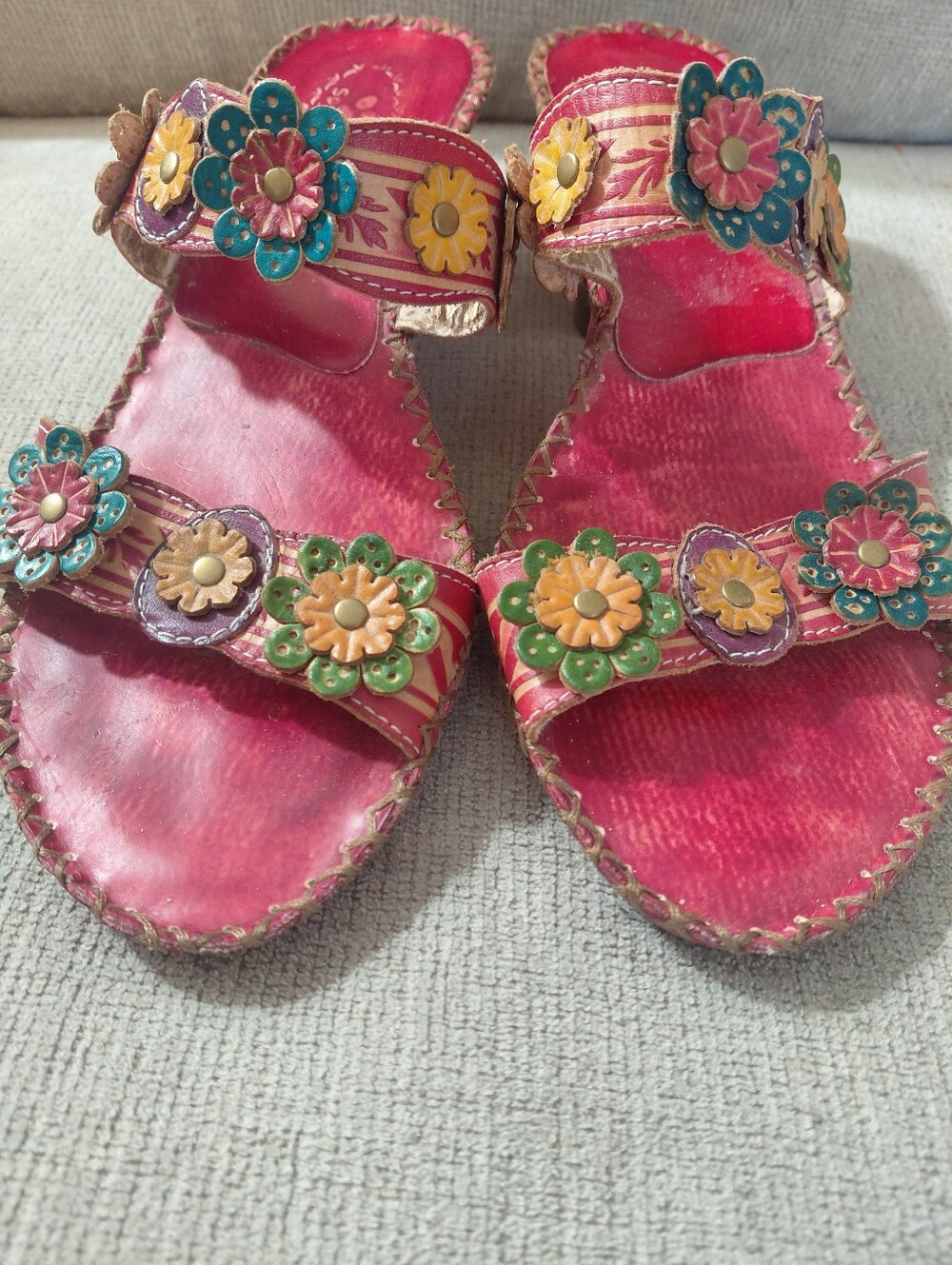 Spring Step Red Floral Leather Slide Kitten Heel Sandals Size 9 - Picture 3 of 12